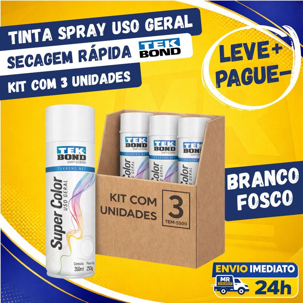 Kit 3 Tinta Spray Uso Geral Tekbond Branco Fosco 350ml Secagem Rápida
