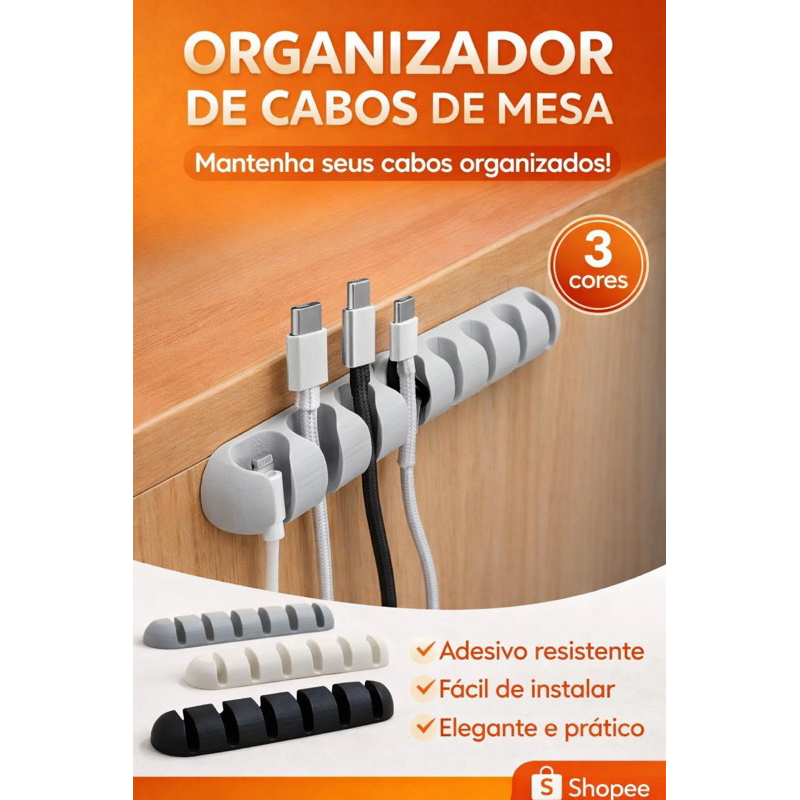 Organizador de Cabos de Mesa 3, 5, 8 ou 12 Slots | Suporte Fixa Fio USB Tipo C Lightning | Adesivo Forte