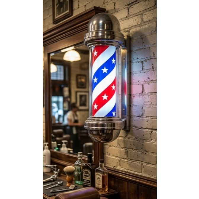 Barber Pole Poste de Barbeiro 55 cm Estilo Americano Luz de Led que Gira e Acende Uso Interno e Externo