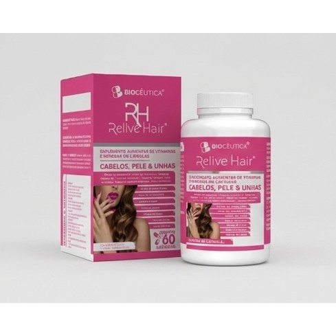 Suplemento Relive Hair Biocêutica Cabelos Pele Unhas 60 Capsulas Com Biotina E Zinco