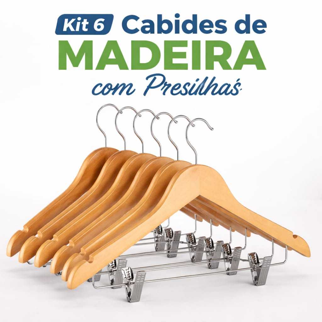 Kit 6 Cabides de Madeira com Presilha | Cabide Luxo Verniz Premium Antiderrapante 360° Roupas Calça Saia Loja