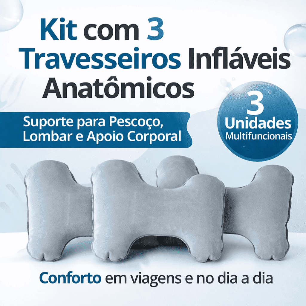 Kit 3 Travesseiros Infláveis Anatômicos Viagem Suporte Lombar e Pescoço
