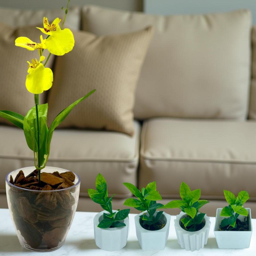 Combo Moderno Decorativo 1 Kit Acrílico + 4 Vasinhos com Folhagem Artificial