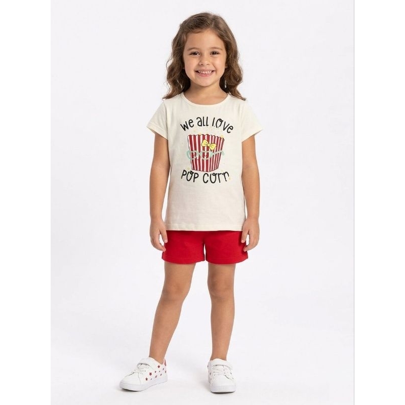 Conjunto Infantil Feminino Camiseta Estampa Pipoca + Shorts Vermelho Confortável Tam 06 Elian