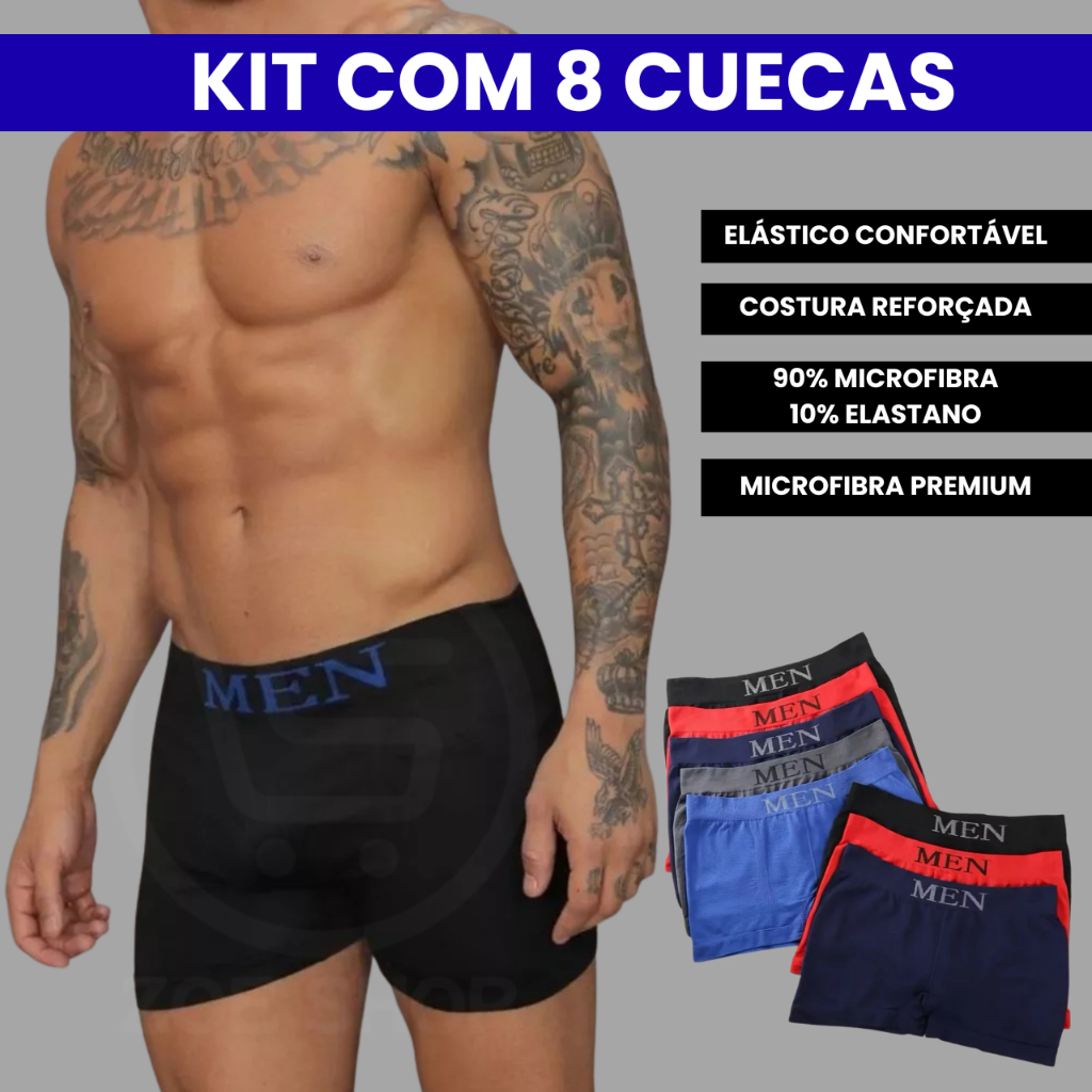 Kit com 8 ou 12 Cuecas Boxer Masculina Microfibra Sem Costura Conforto Premium Secagem Rápida P ao GG