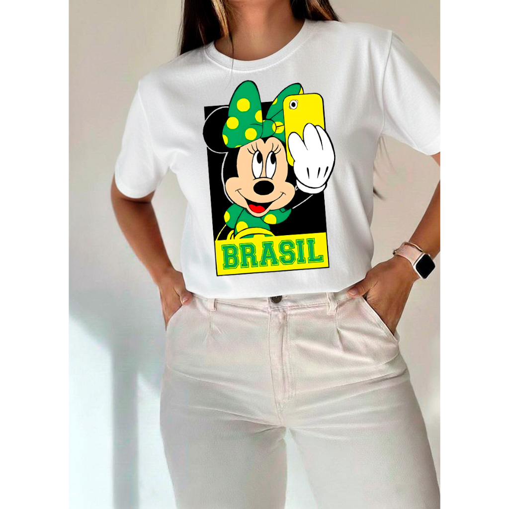 Camiseta Feminina Estampa Minnie com Celular Tendência Moda Blogueira Confortável Brasil P ao GG