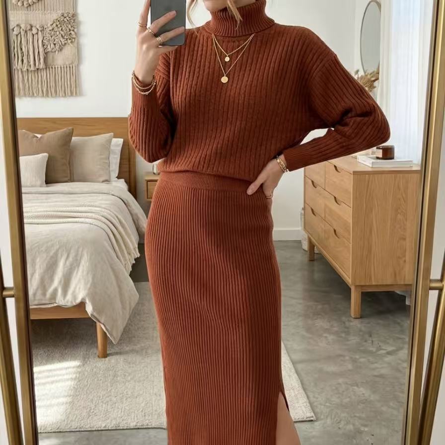 Conjunto Modal Trico Feminino Elegante Canelado com Gola Alta e Saia Midi Com Elástico Ajustada Confortável