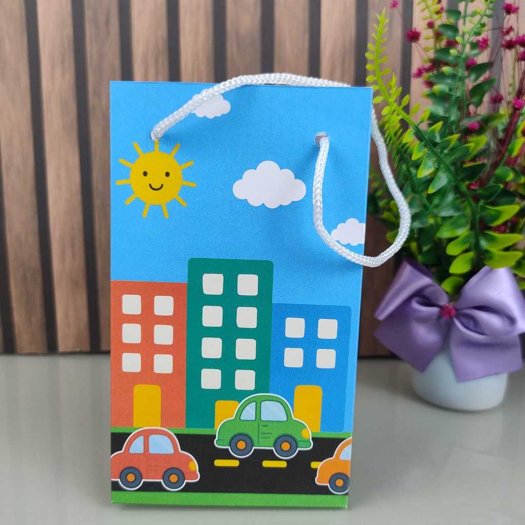 Sacolinha Surpresa Carrinhos Azul Lembrancinha de Aniversário Tamanho P 16x9,5cm  |