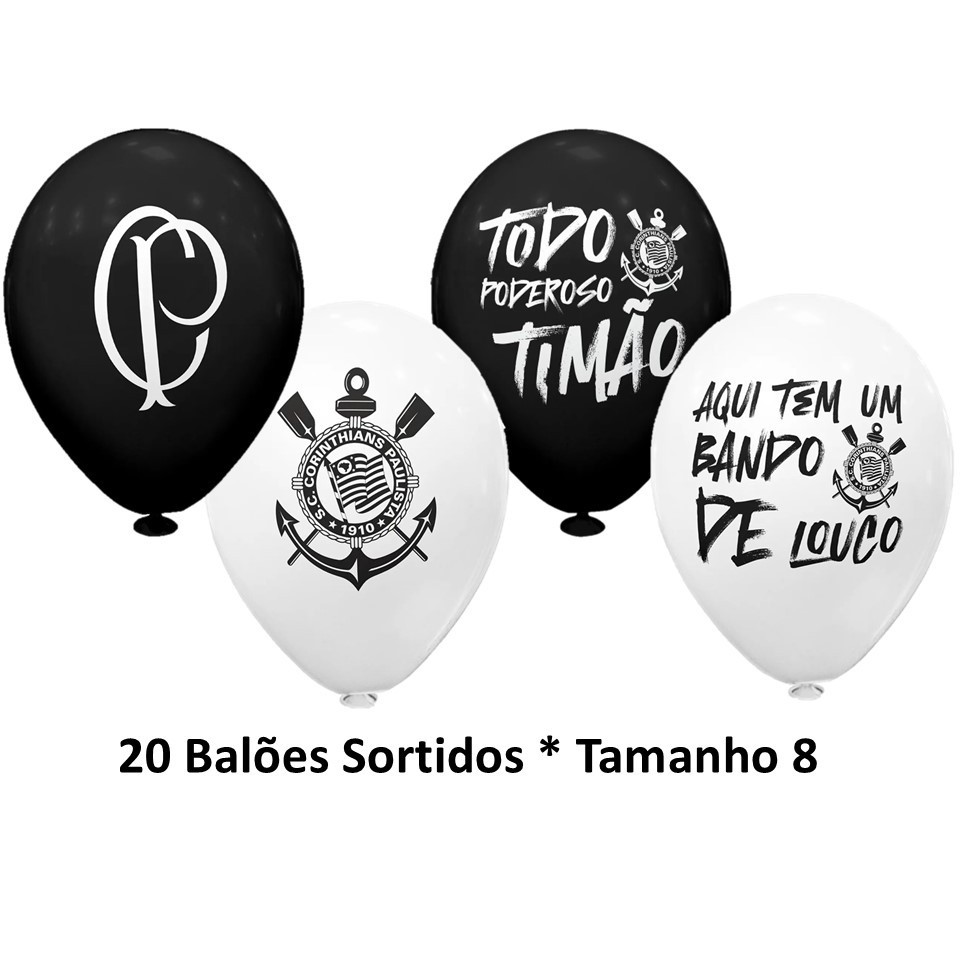 Detalhes do Kit Festa Time Corinthians - Decoração, Aniversário, Painel 1,40m + 20 Bexigas Balão Temáticos