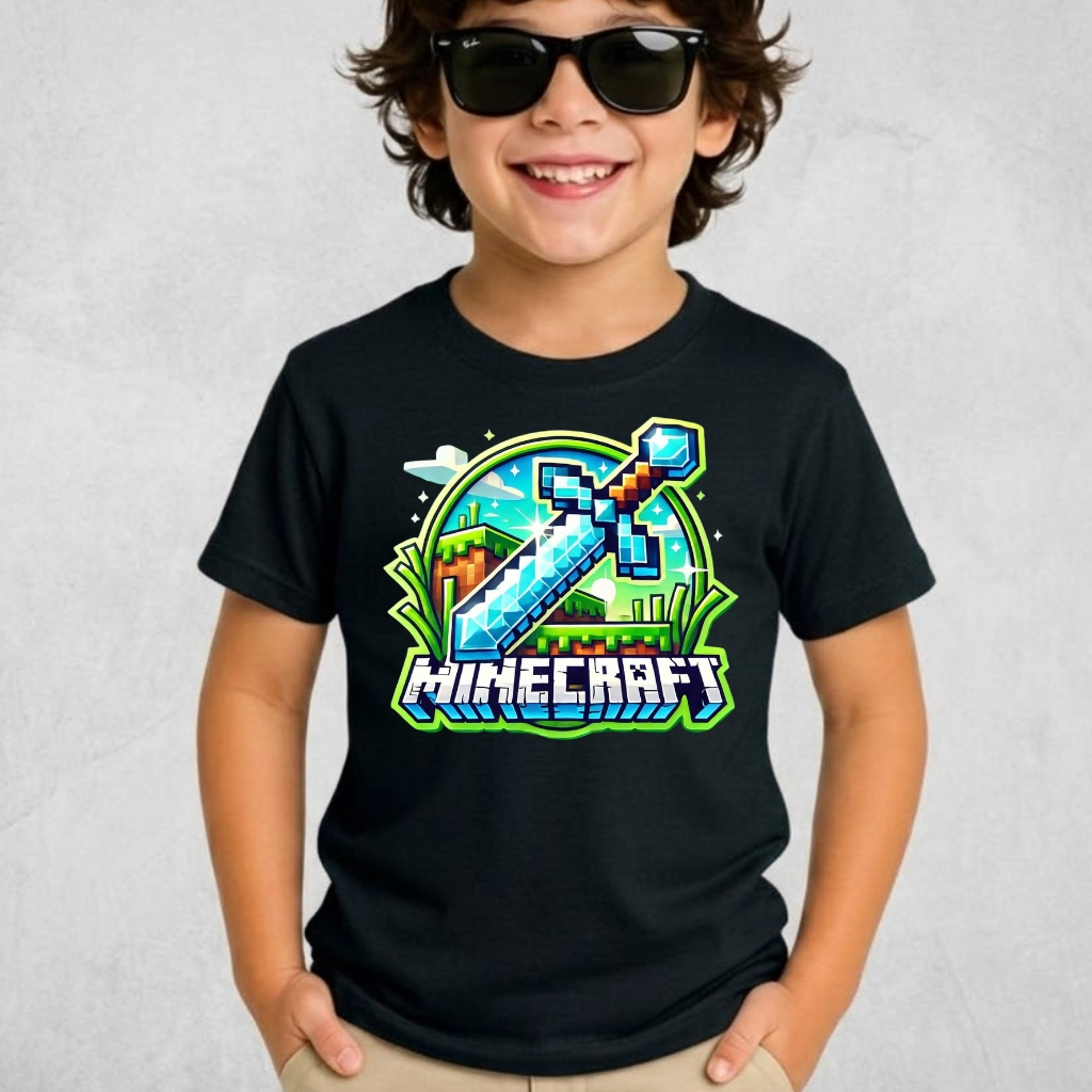 Camiseta Infantil Menino Minecraft Espada de Diamante Portal Desenho Animado Manga Blusa Premium