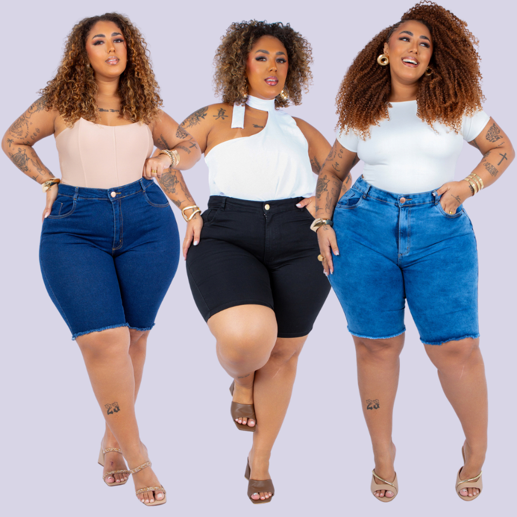 Bermuda Jeans Plus Size Modeladora Cintura Alta Com Lycra Levanta Bumbum