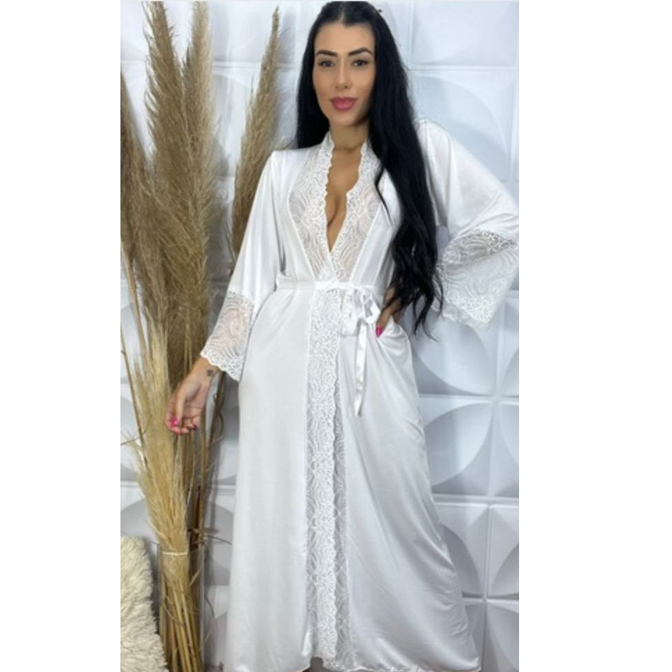 Hobby longo feminino com renda noiva moda intima lingerie luxo robe kimono micro fibra