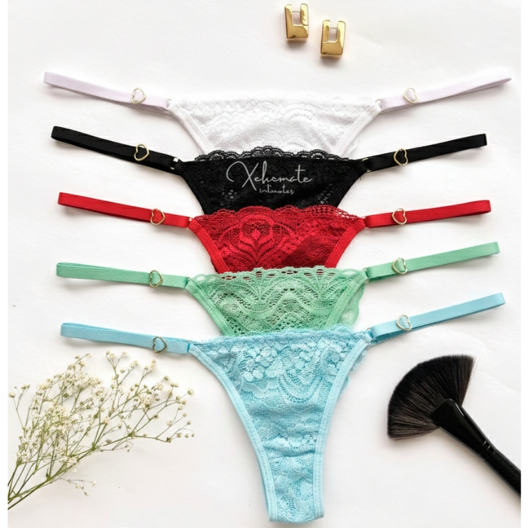 Kit Calcinhas Renda Fio Dental com Regulagem de Coração String Lingerie Feminina