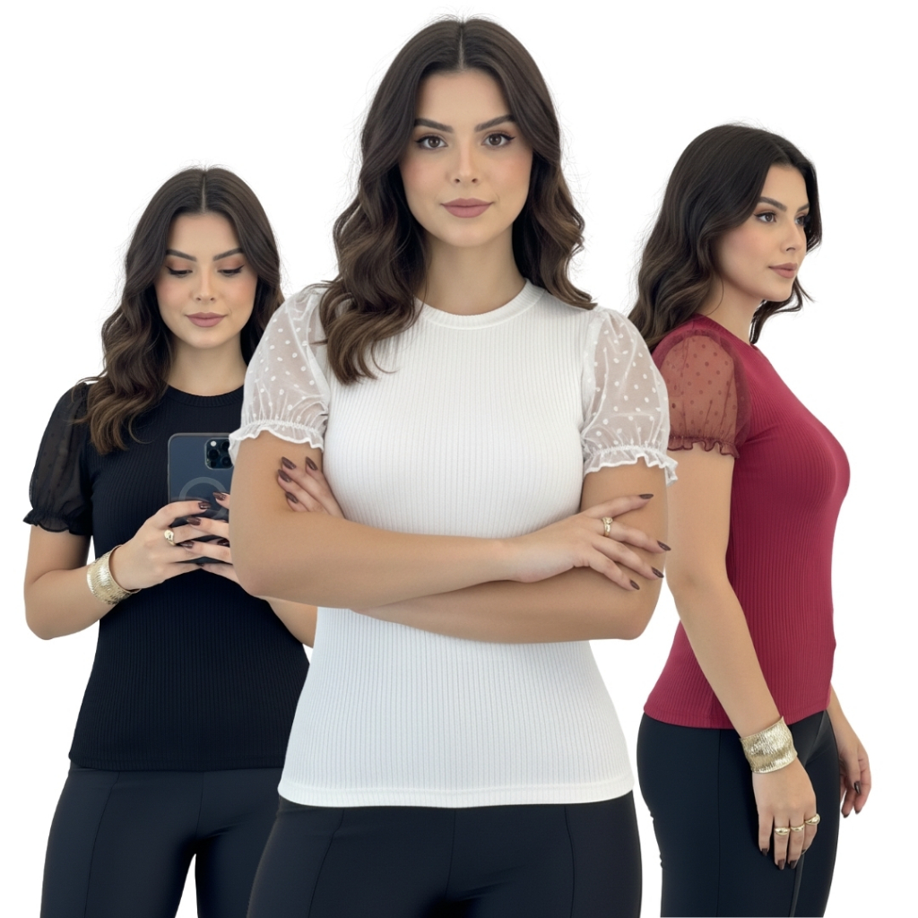 Blusa Feminina Canelada Manga Princesa Tule Renda  Poá ,Soberano Stores