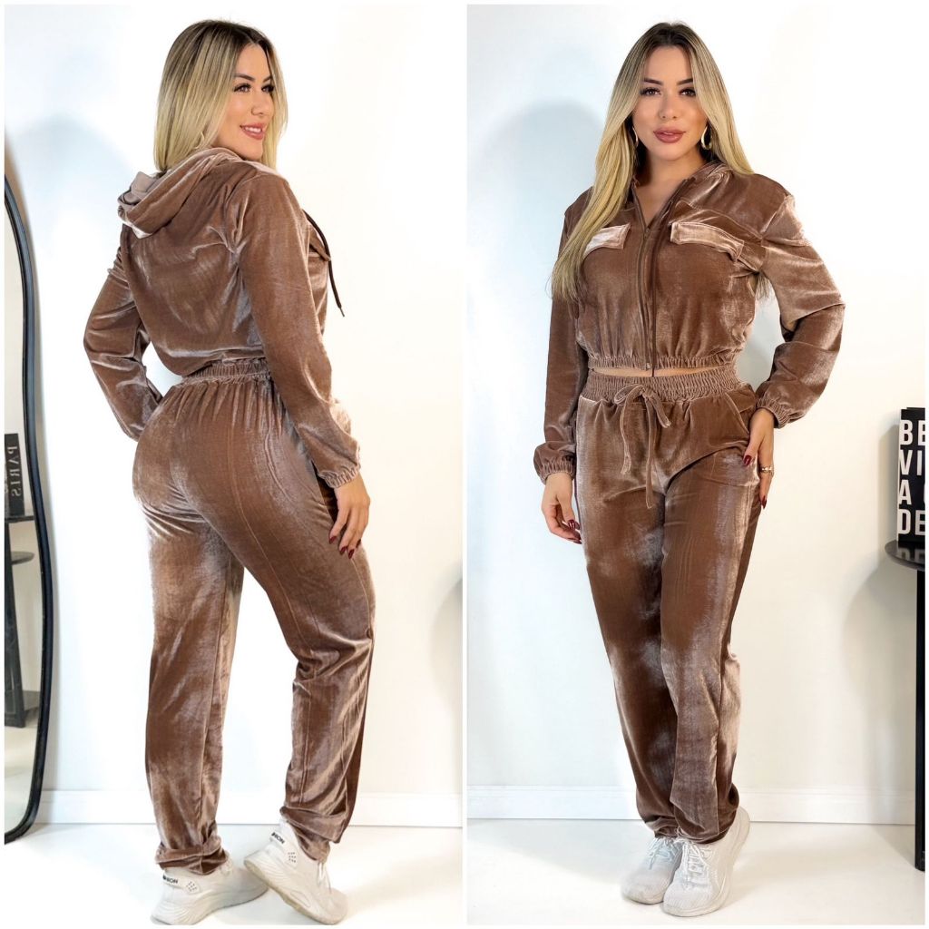 Conjunto Veludo Cristal Feminino Com Capuz Ziper Calça Com Bolso Frio Outonio Inverno em Oferta na Shopee
