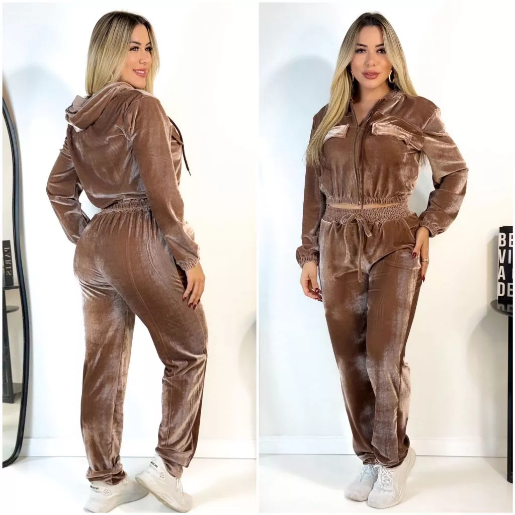 Conjunto Veludo Cristal Feminino Com Capuz Ziper Calça Com Bolso Frio Outonio Inverno — imagem 1