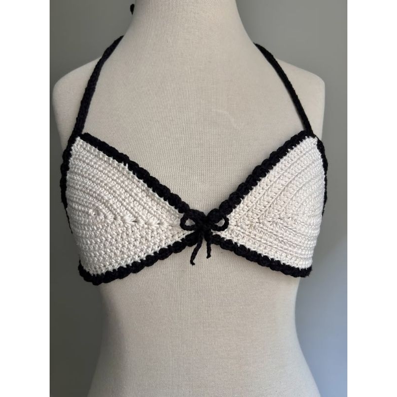 Top em crochê artesanal com laços handmade moda feminina crochet linha 100% algodão preto e branco