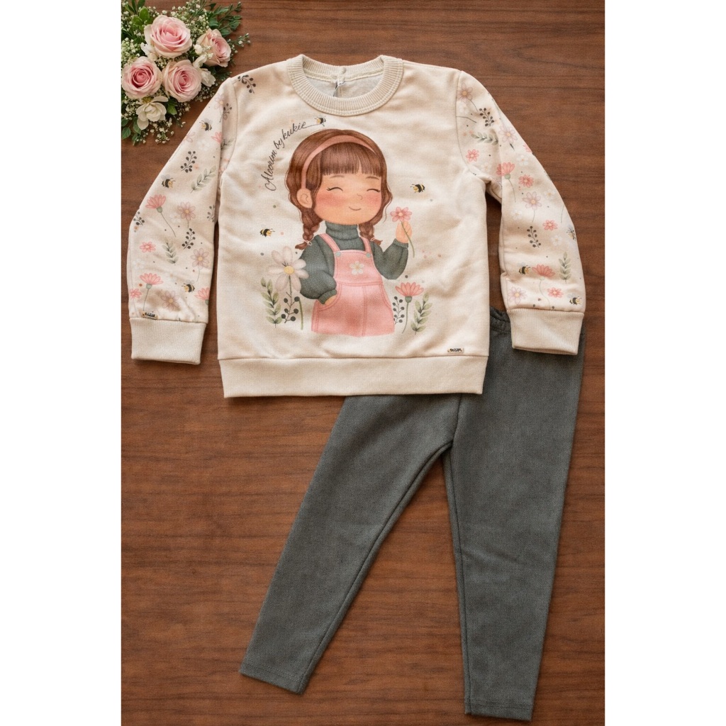 Conjunto Frio Inverno Blusão Moletom Pelúciado Calça Legging 90292 Kukiê Bebê Menina