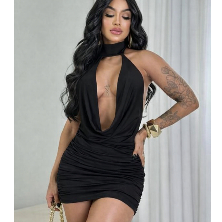 Vestido Curto Feminino Decote Profundo V Suplex Drapeado Justo Sexy Festa Balada Moda Ginga 2026 em Oferta na Shopee