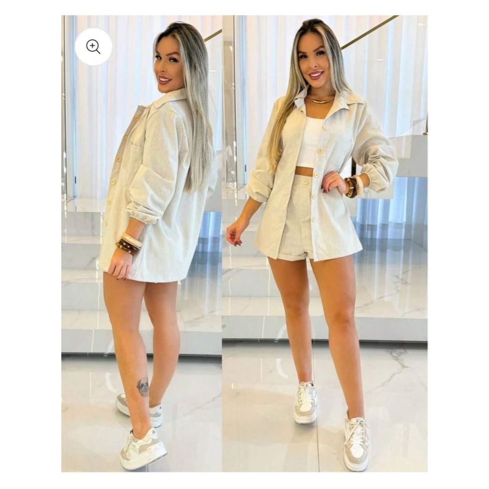Conjunto Linho Camisa manga longa botões e short casual, colarinho inverno frio blazer Paste — imagem 2 de 2