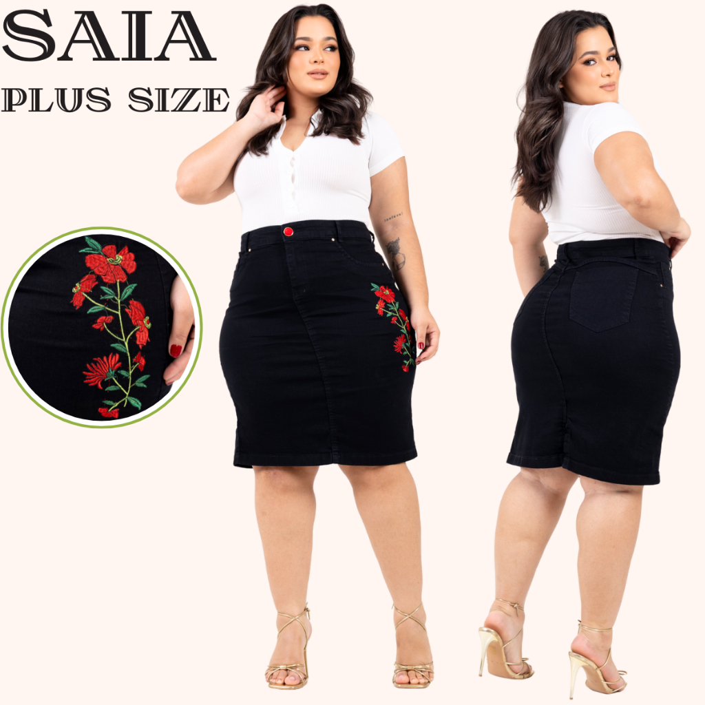 Saia Plus Size Evangelica Na Cor Preta do 46 ao 54 Jeans Com Laycra e Bordado Com Flores Em Tons Em Vermelho E Verde