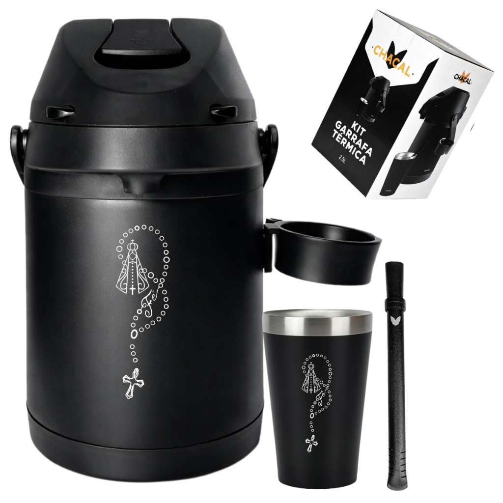 Kit Tereré Copo Bomba Garrafa Térmica Preto 2.5l Rosário