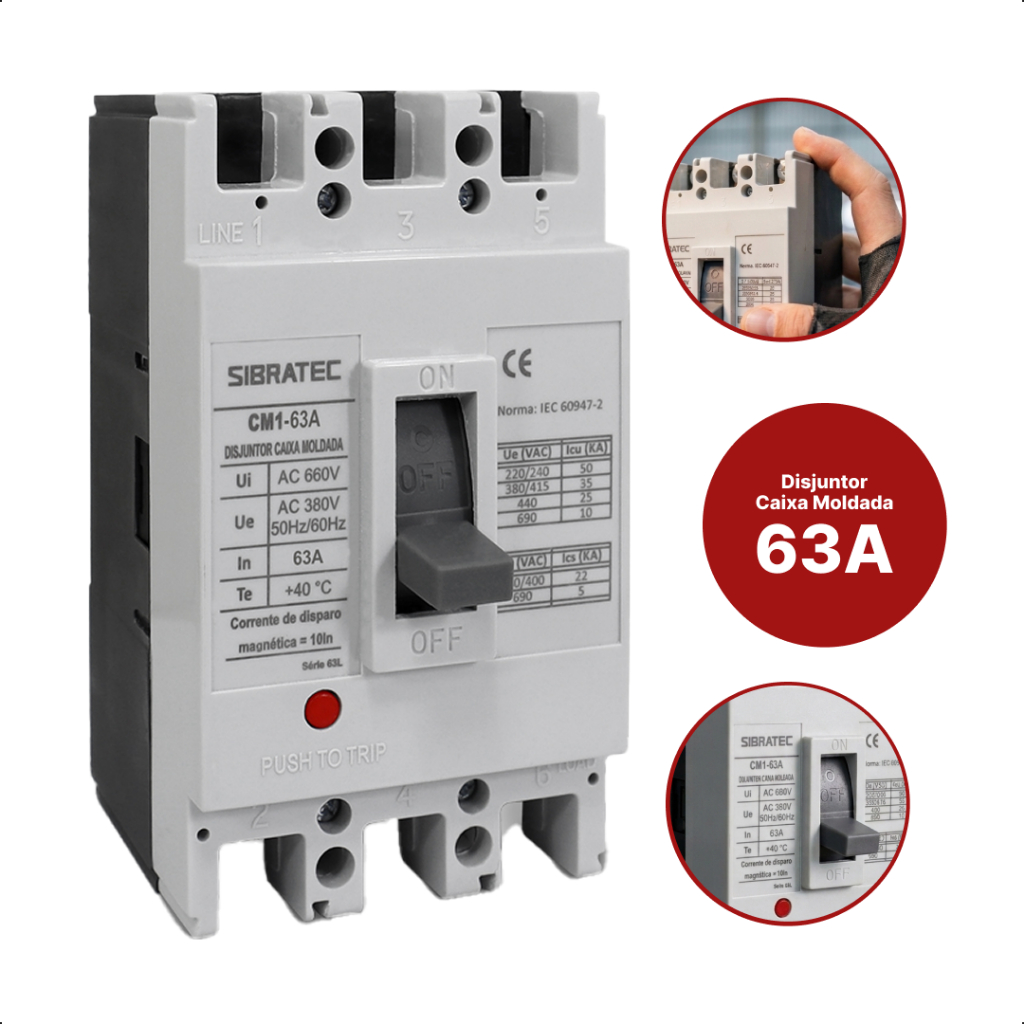 DISJUNTOR CAIXA MOLDADA TRIFASICO TRIPOLAR SIBRATEC CM1-63 DE 63A