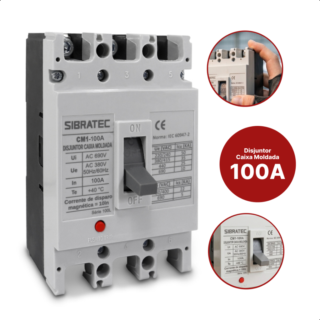 DISJUNTOR CAIXA MOLDADA TRIFASICO TRIPOLAR SIBRATEC CM1-100 DE 100A