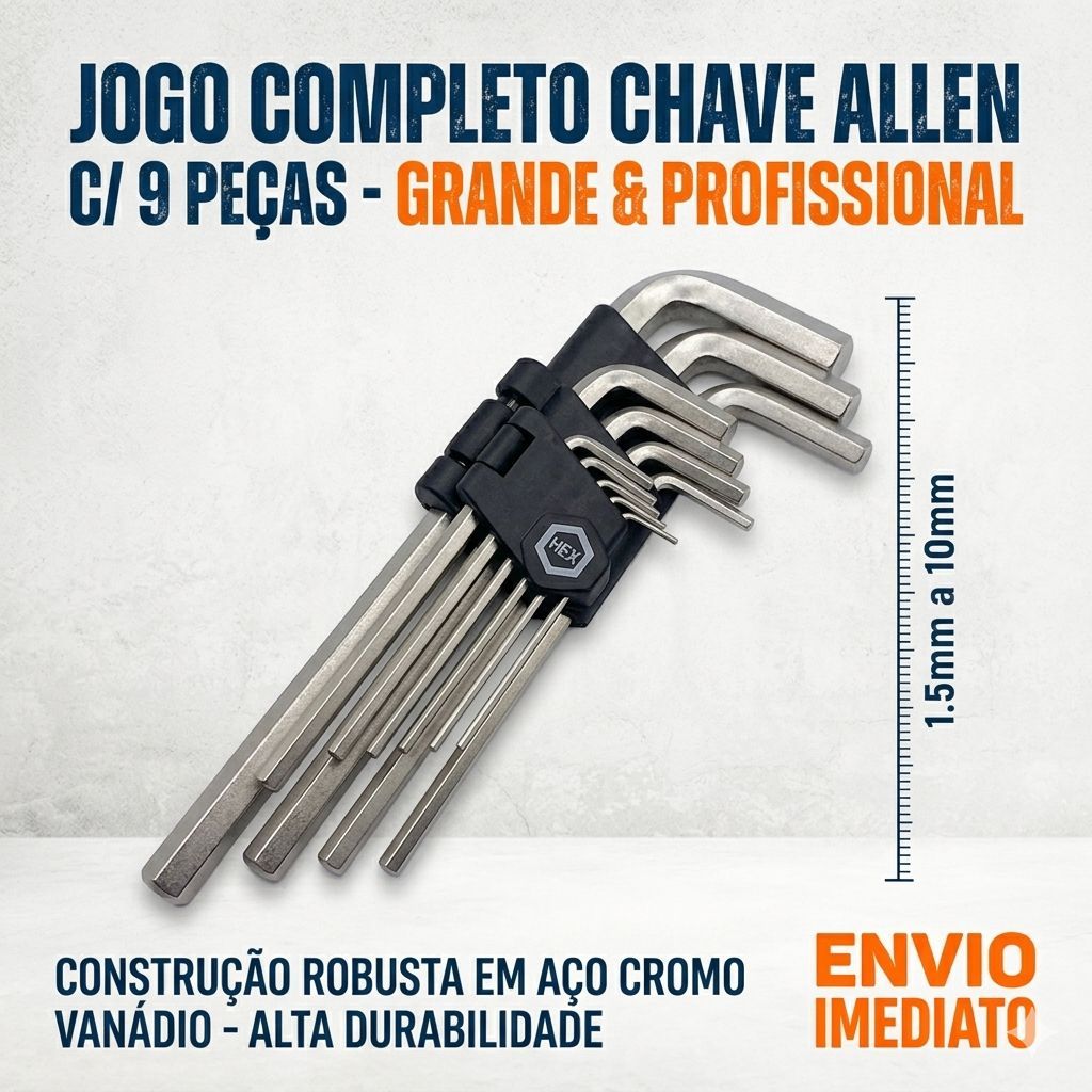 Jogo Chave Allen Sextavada L 9 Peças 1,5 a 10 mm - Kit Chaves Gd-3054