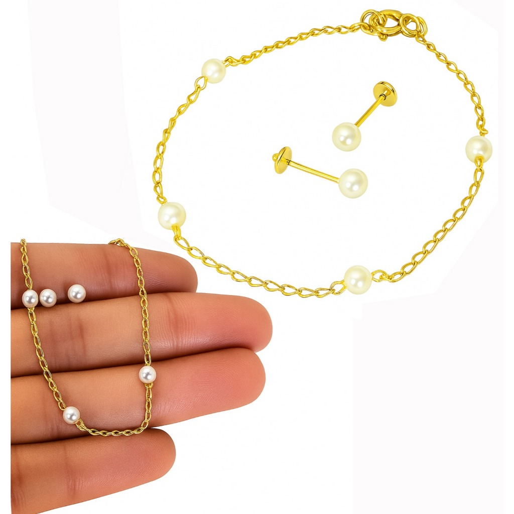 Kit Infantil Semijoia Pérola Pulseira + Brinco Ouro 18k Antialérgico Bebê Menina Delicado Ajustável