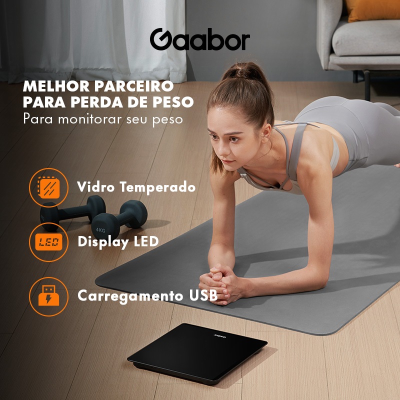 Gaabor Balança Digital até 180kg LED HD Grande Vidro Temperado Preto para Casa GWS-M01A