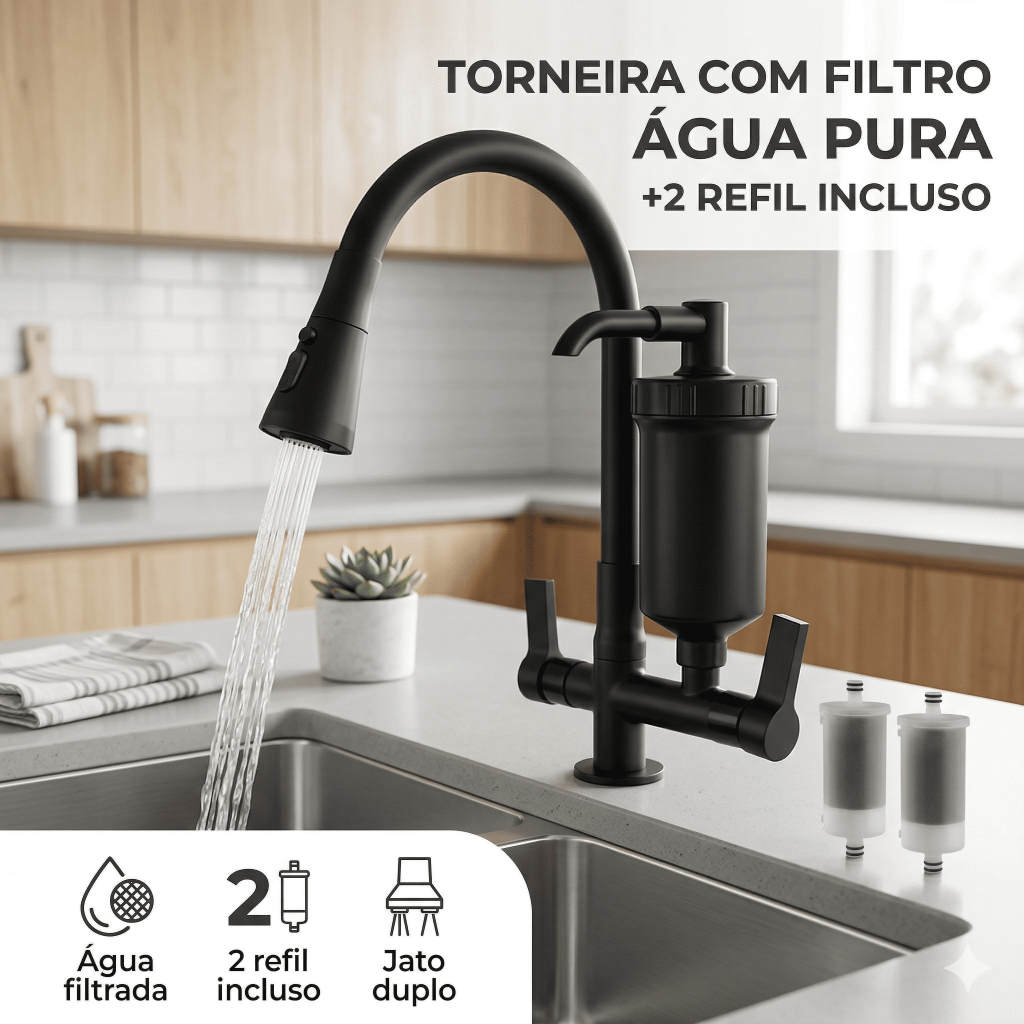 Torneira Cozinha Gourmet Com Filtro +2 Refil Água Pura Bancada Flexível Alta Pressão