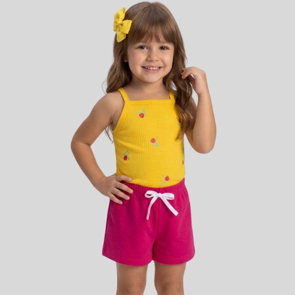 Conjunto Infantil Menina Roupa Verão Blusa Cropped  Canelada de Alcinha Floral com Shorts Moletinho Liso