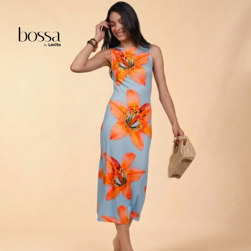 Lovito Bossa | Vestido Feminino Decote Nadador Estampado DRB15881618 em Oferta na Shopee
