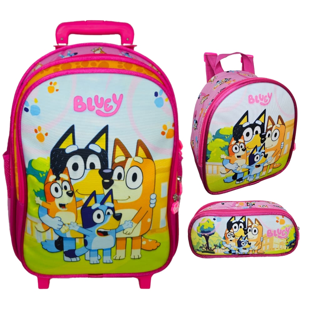 Kit Mochila Escolar Rodinha, Bluey e Bingo, Lancheira Estojo