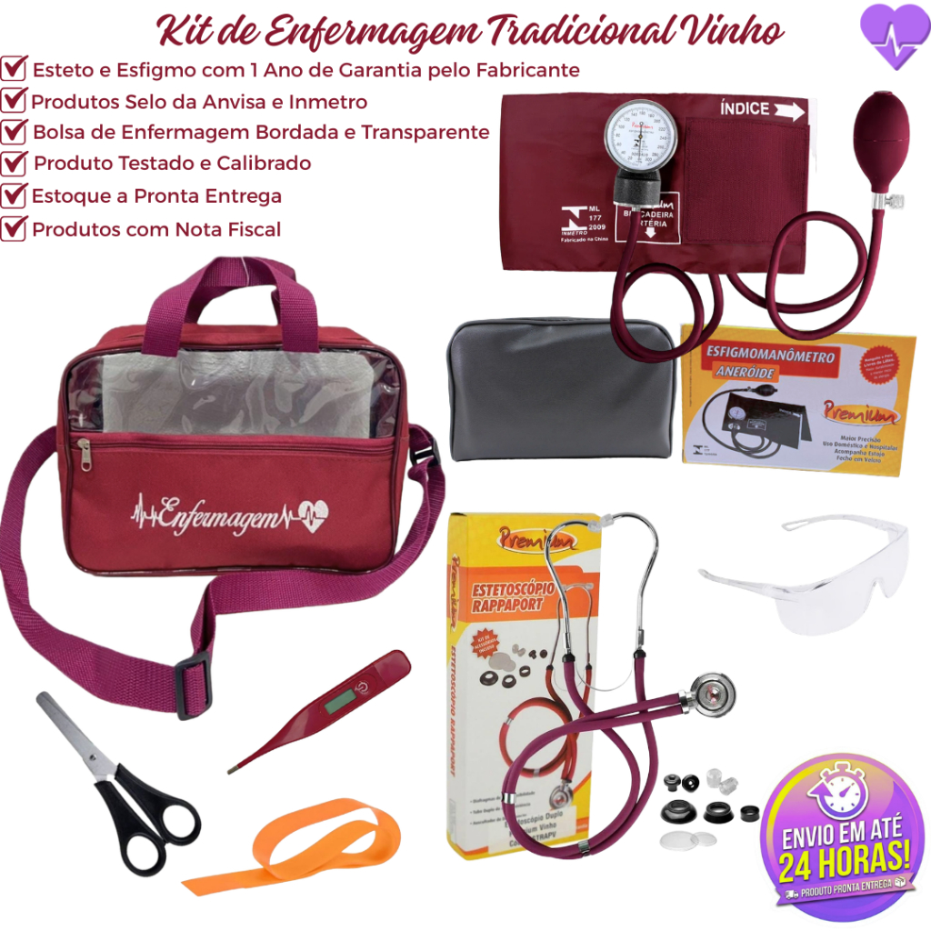 Kit de Enfermagem na Bolsa Tradicional Bordada com Verso Transparente (8 Itens)