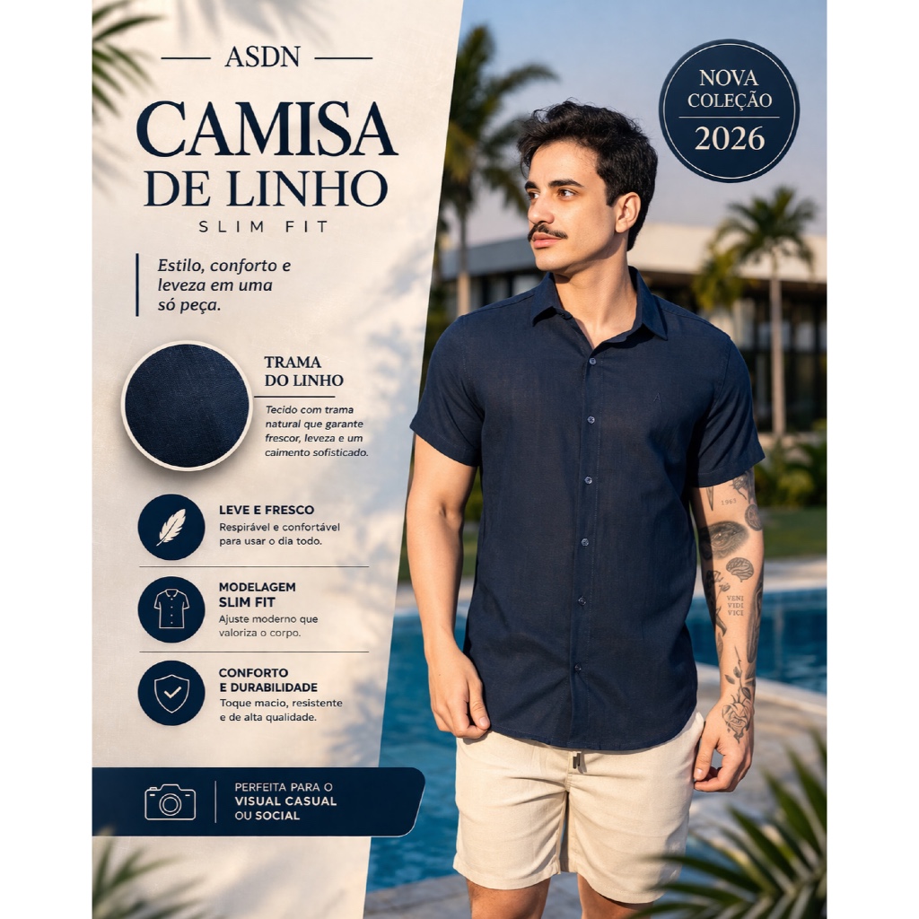 Camisa Masculina Social Manga Curta Linho Varias Cores Moda Casual