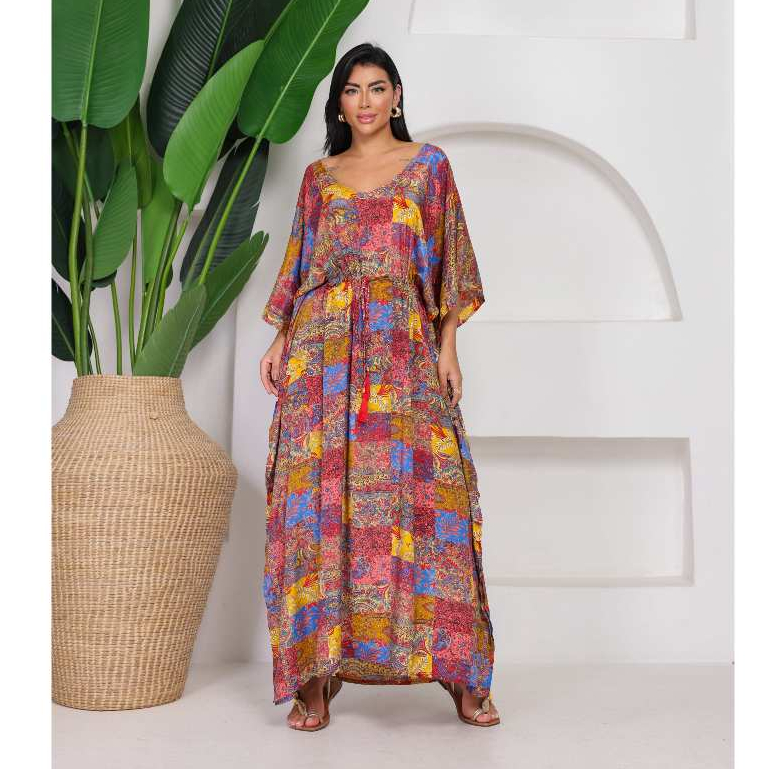 Vestido Longo Kaftan Indiano Seda - MIX de ESTAMPA PLUS