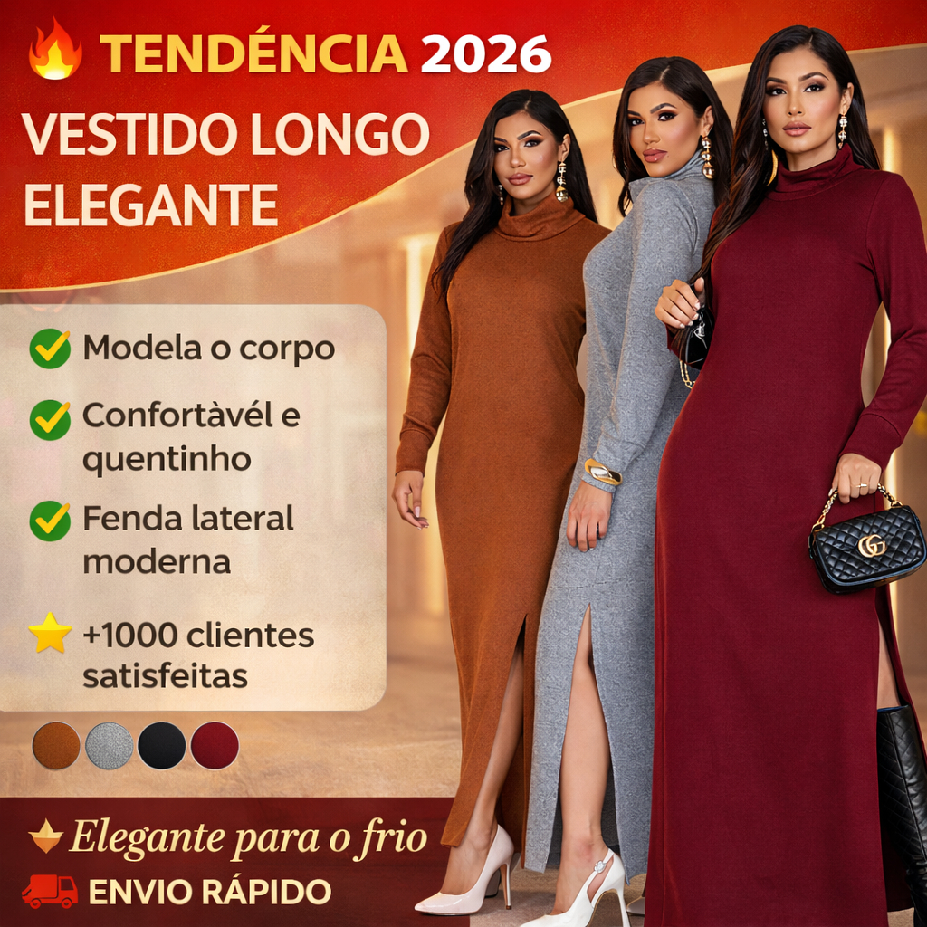 Vestido Feminino Longo Gola Alta Lanzinha Manga Cumprida Inverno