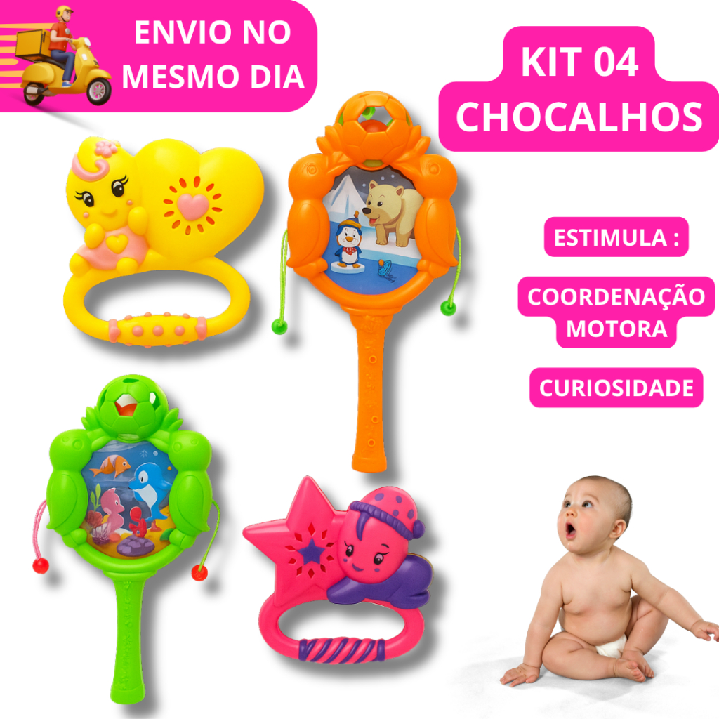 Kit 4 Chocalhos Bebê Com Sino Sensorial Colorido Mordedor Seguro Educativo Desenvolvedor Infantil