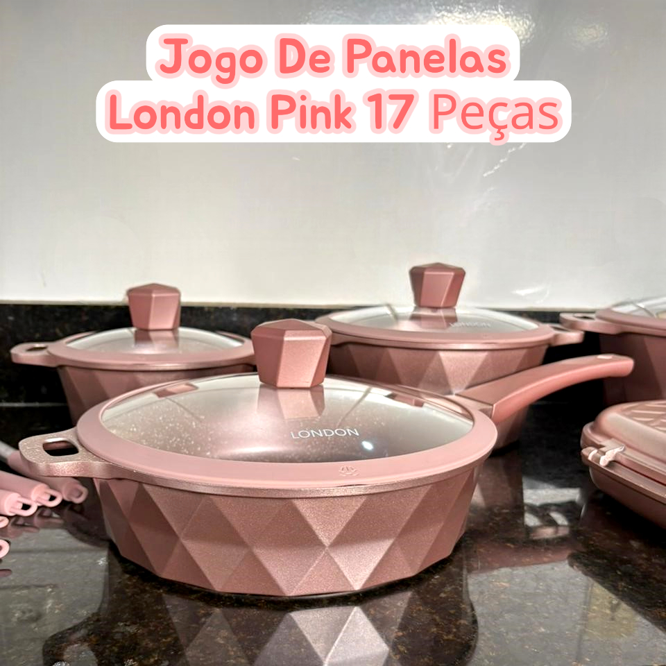 Imagem Jogo De Panelas Antiaderente London Pink 17 Peças Alumínio Fundido + Tampas Vidro + Utensílios Silicone Premium