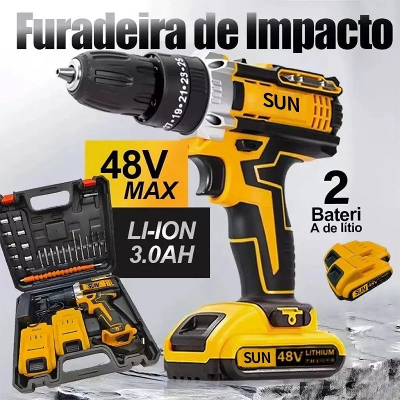 Parafusadeira Furadeira de Elétrica Sem Fio Impacto 48V Bateria 3 funções Kit Completo Acessórios