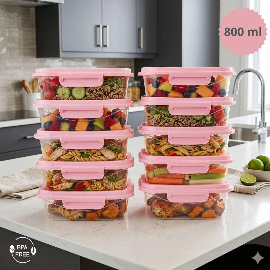Kit 10 Potes Herméticos 800 ml Plástico Tampa Trava Marmita Fitness Freezer Microondas Reutilizável