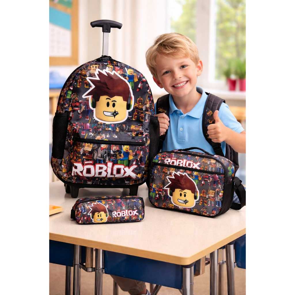 MOCHILA ROBLOX DE RODINHA GRANDE  MAIS LANCHEIRA TERMICA E ESTOJO  2026
