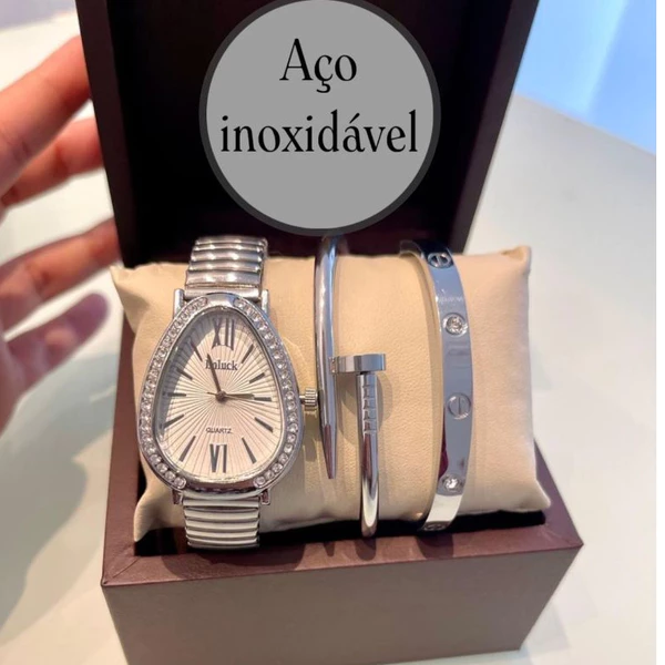 Kit Relogio Com Pulseira e bracelete Dourado e Prata Kit de Luxo Conforto Moda Blogueira