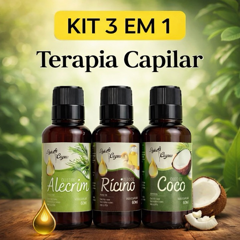 KIT 3 óleos 100% puro Terapia Capilar Cronograma Óleo de Coco + Ricino + Alecrim 60ml Tratamento Capilar