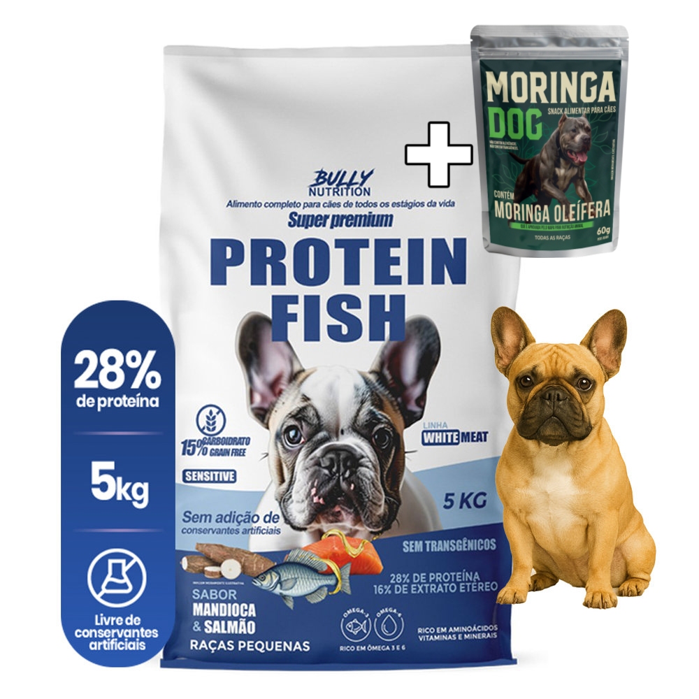 Ração Fish Protein Raças Pequenas Buldogue Frances Bully Nutrition 5Kg + MoringaDog