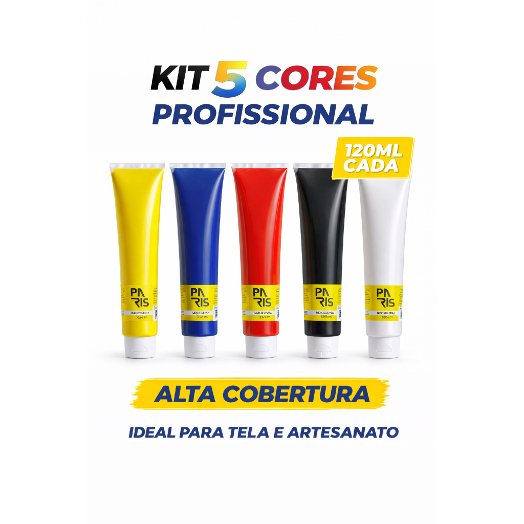 Kit Tinta Acrílica Artística 5 Cores 120ml Paris Profissional Pintura Tela Tecido MDF Artesanato