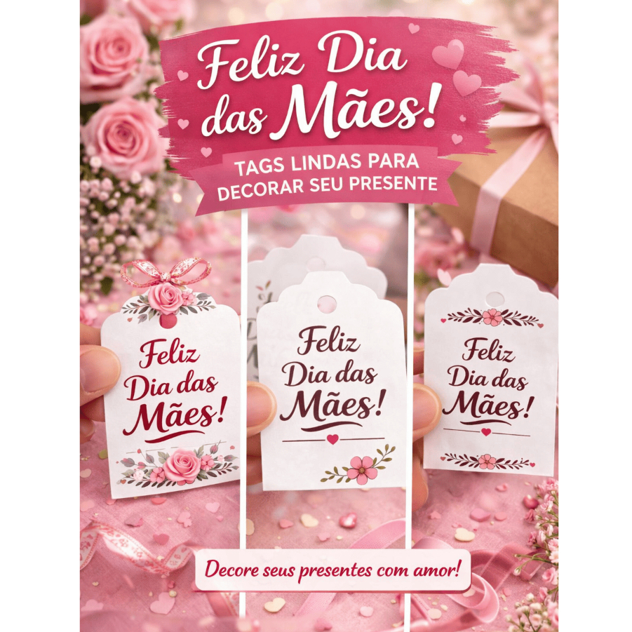 Tag Dia das Mães para Presente | Etiqueta Decorativa Floral | Kit 30, 50, 100 e 150 Unidades