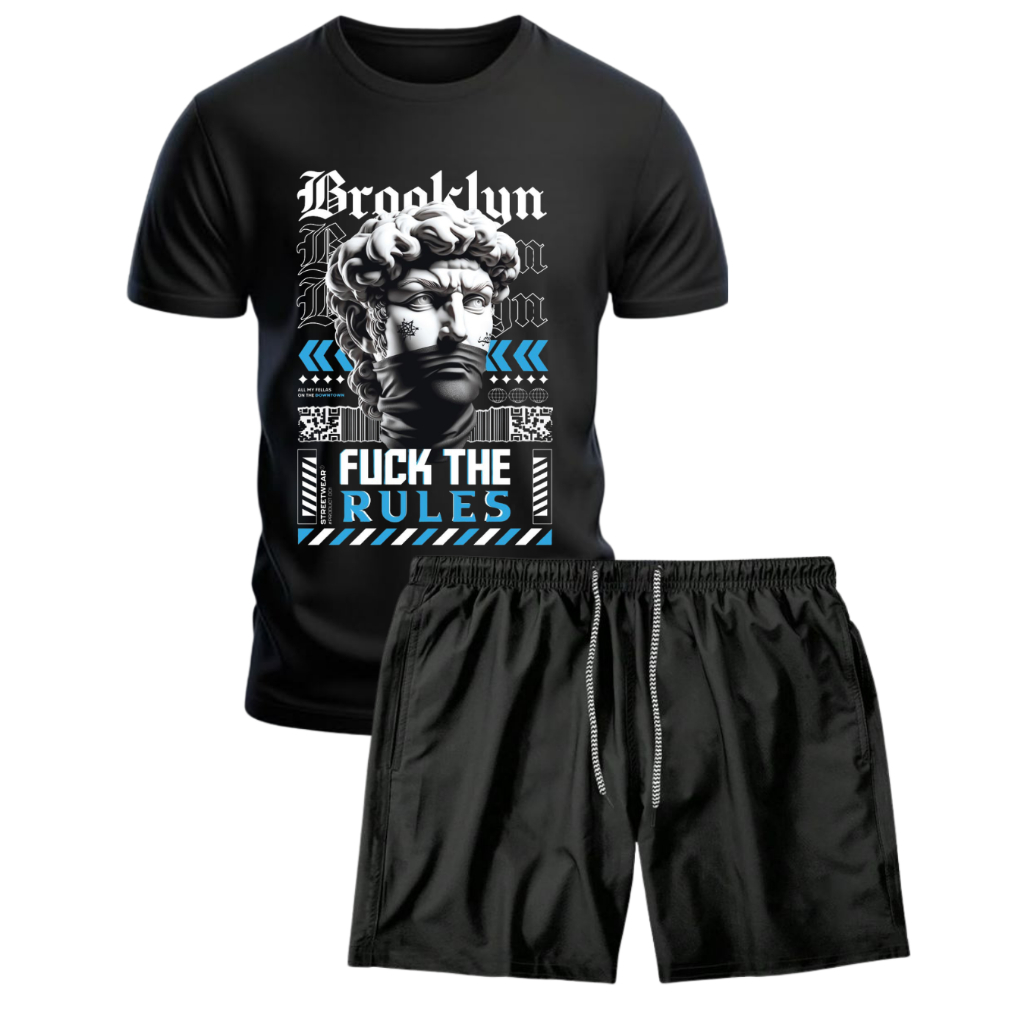 Conjunto Masculino Estampado Brooklyn Fuck The Rules Moda Streetwear Esportiva Casual Versátil E Confortável